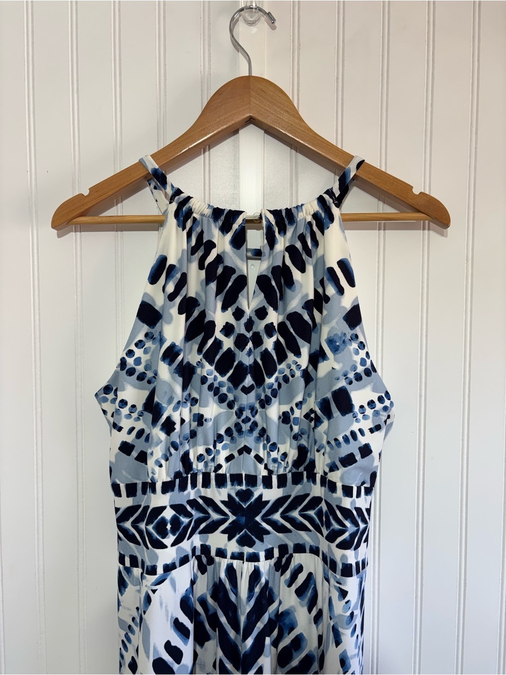 Chico’s Blue White Geometric Halter Maxi Dress Resort Vacation Boho 2/ Large - Picture 5 of 13